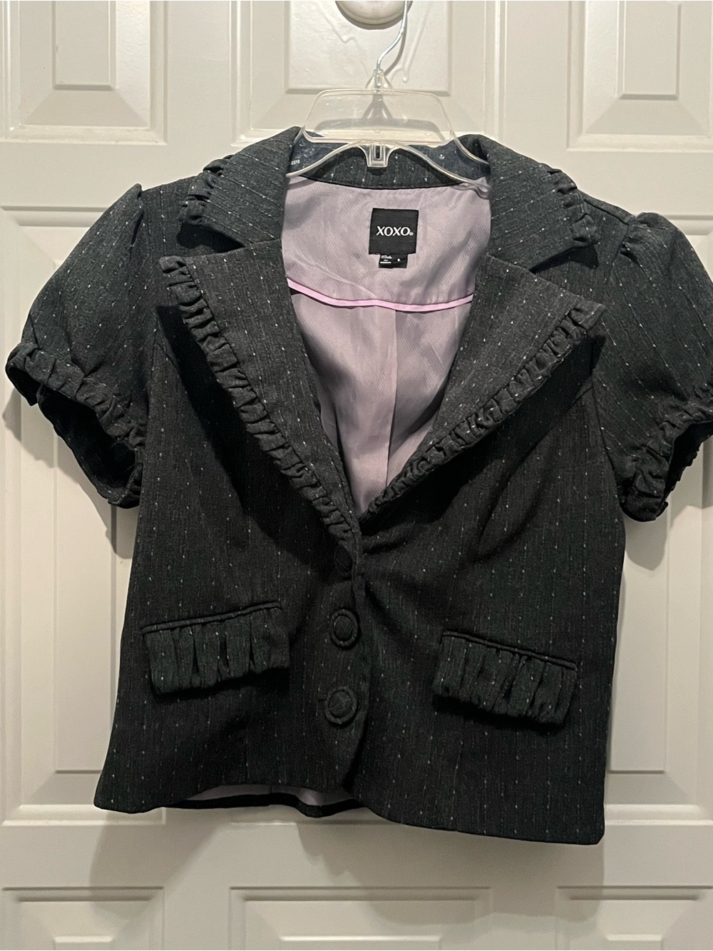 XOXO Black Ruffle-Trim Short Sleeve Blazer